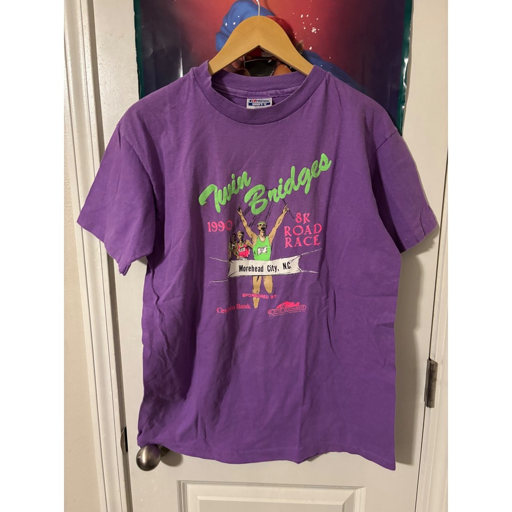 Vintage 1990 Twin Bridges 8k Road Race T Shirt Purple Hanes Mens Large
